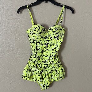 Rare Joe Boxer One Piece Swimsuit Neon Yellow Black Women’s Small